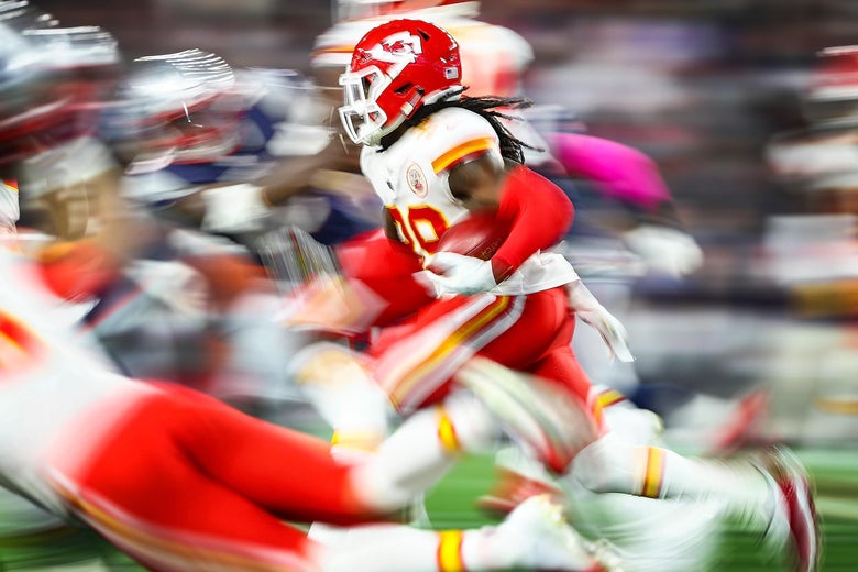 FOXBOROUGH, MA - OCTOBER 14: Tremon Smith #39 of the Kansas City Chiefs runs with the ball in the third quarter of a game against the New England Patriots at Gillette Stadium on October 14, 2018 in Foxborough, Massachusetts. (Photo by Adam Glanzman/Getty Images)